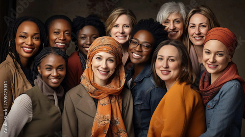 A group portrait of diverse women smiling from different races and colors,  DEI concept background, celebrating international women's day with Diversity Equity Inclusion photo
