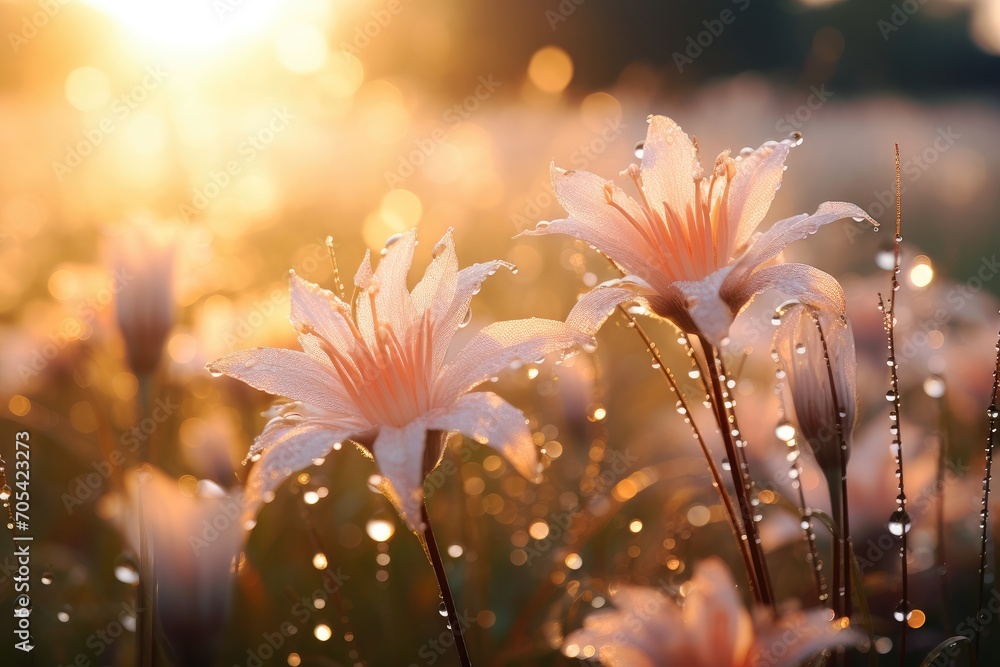 Dew-Kissed Morning: Early morning dew on flowers, with sunrise. - obrazy, fototapety, plakaty 