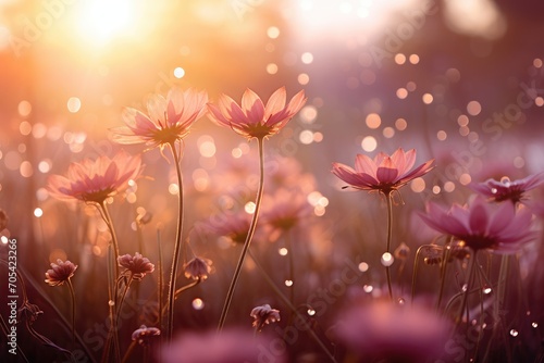 Dew-Kissed Morning: Early morning dew on flowers, with sunrise.