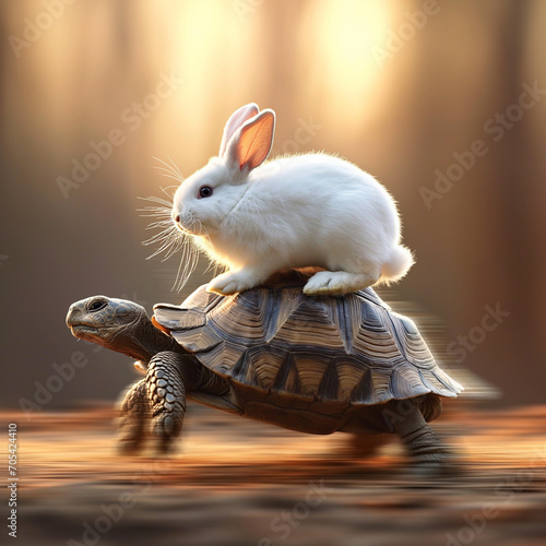 Photo of a real white rabbit riding on a speeding tortoise Generative AI photo