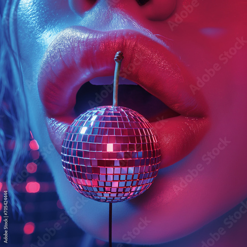 Pink lips licking a cherry in the shape of a small disco ball Generative AI