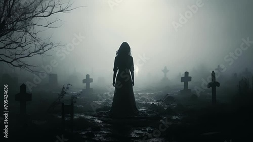 A black and white silhouette of a woman standing in a graveyard in the fog standing over a freshly dug up grave. photo
