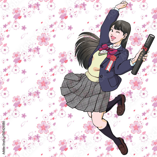 卒業証書を手にジャンプして喜ぶ女子高生_桜満開_ウィンク_人物のみ