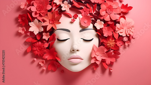 Abstract decorative female silhouette in profile with flowers in her hair as a symbol of spring, illustration for women's Day on March 8, copy space.generative ai