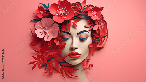Abstract decorative female silhouette in profile with flowers in her hair as a symbol of spring, illustration for women's Day on March 8, copy space.generative ai © Chaman