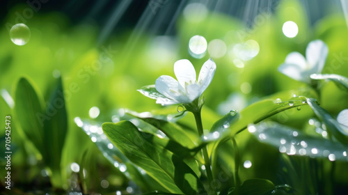 Close-up view of raindrops glistening on white spring flowers and vibrant green leaves, with a sunlit background.