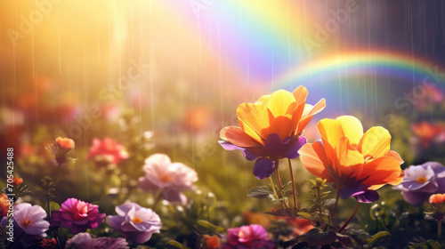 Vibrant garden flowers with a brilliant rainbow appearing during a sunshower, creating a magical and cheerful scene.