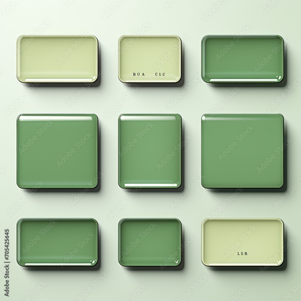 A set of green rectangular paper sticker labels on a white background. A set of green rectangular paper sticker labels on a white background.