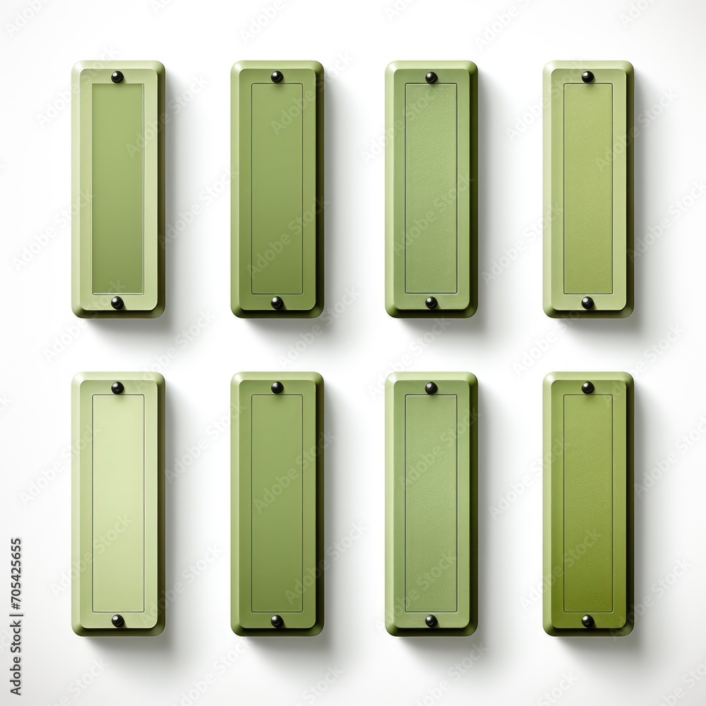 A set of green rectangular paper sticker labels on a white background. A set of green rectangular paper sticker labels on a white background.