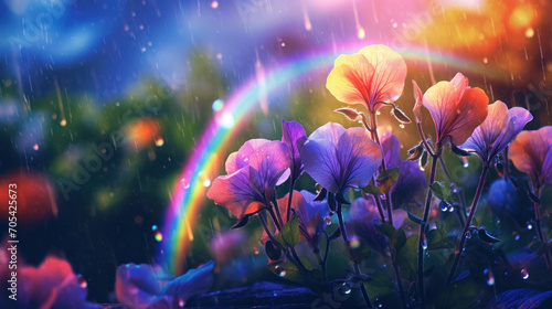 Rain-kissed purple flowers in focus with a radiant rainbow in the backdrop, conveying a serene post-rain atmosphere.
