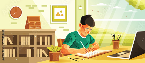 Young Boy Learning at Home Illustration