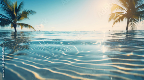 A serene tropical beach scene with a sunlit palm tree and crystal clear water under a bright blue sky.