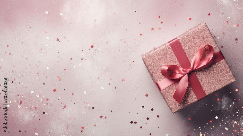 A pink gift box tied with a satin ribbon, surrounded by sparkling stars and glitter on a festive background.