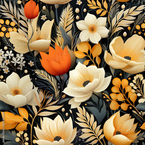 Harmony of Autumn A beautiful blend of autumn leaves and flowers, light color botanical coloring,Seamless Pattern Images