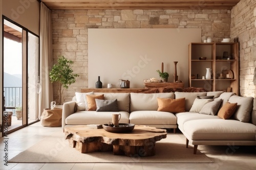 Rustic interior home design of modern living room with beige sofa and natural wood edge table with stone wall