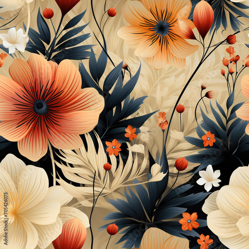 Harmony of Autumn A beautiful blend of autumn leaves and flowers, light color botanical coloring,Seamless Pattern Images