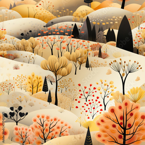 Harmony of Autumn A beautiful blend of autumn leaves and flowers, light color botanical coloring,Seamless Pattern Images