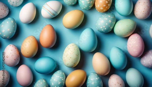 Various decorated Easter eggs scattered on a blue background.