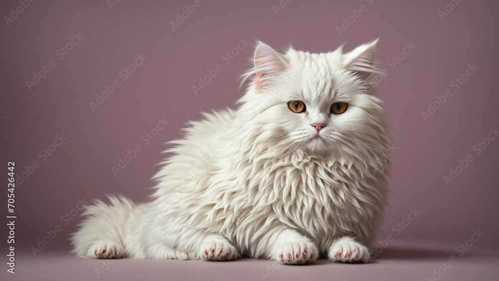White Persian cat against a solid color background a photo that highlights their regal demeanor and showcases their pristine white fur.