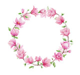 Flower Magnolia watercolor round wreath. Hand painted frame with pink bud and leaves isolated. Floral design for card