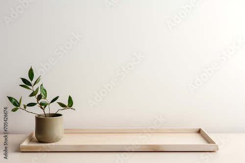 Still life, nature, interior and design concept. Green plant in pot placed on wooden pallet in front of bright blank wall background with copy space. Natural soft light