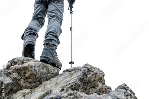 close-up view of a hiker’s lower body standing on rocky terrain