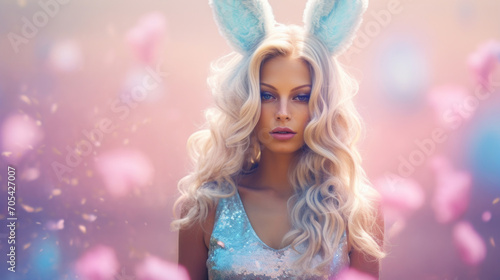Portrait of a captivating woman wearing fluffy blue bunny ears against a bokeh background.