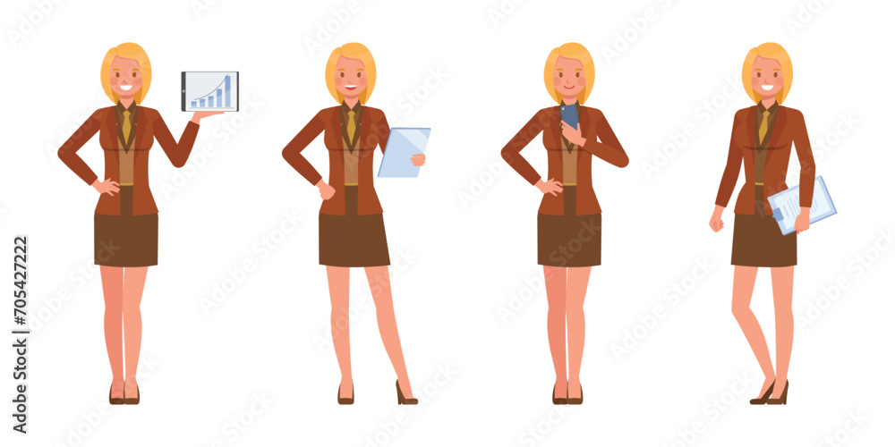 Set of working woman wear orange suit character vector design. Presentation in various action. Businesswoman working in office planning, thinking and economic analysis on isolated white background. Set of working woman wear orange suit character vector design. Presentation in various action. Businesswoman working in office planning, thinking and economic analysis on isolated white background.