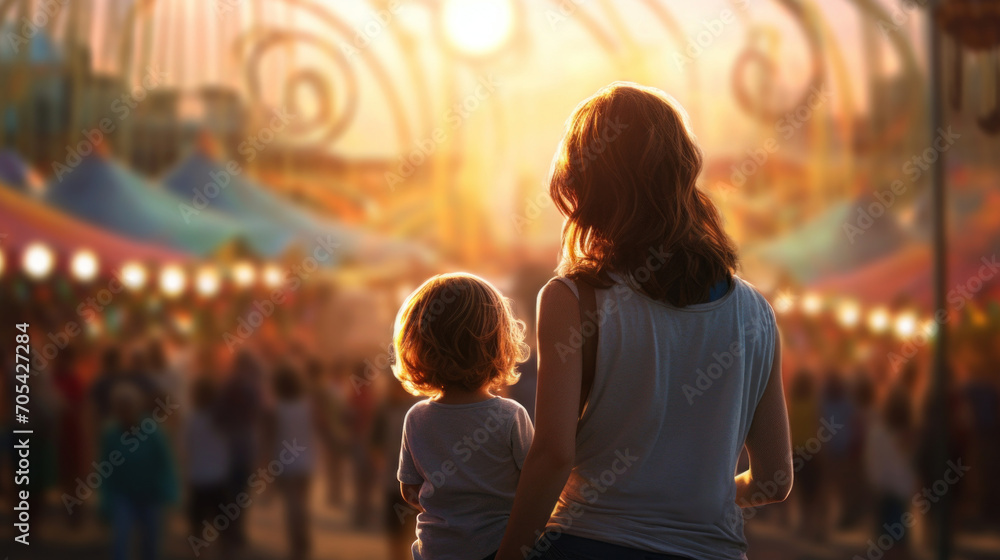 A mother and her child experiencing the magical moment of a sunset amidst the festive atmosphere of a carnival.