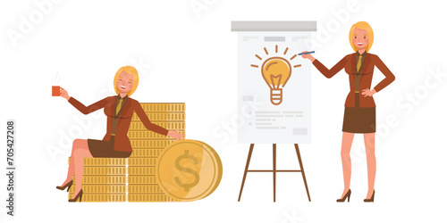 Set of working woman wear orange suit character vector design. Presentation in various action. Businesswoman working in office planning, thinking and economic analysis on isolated white background.