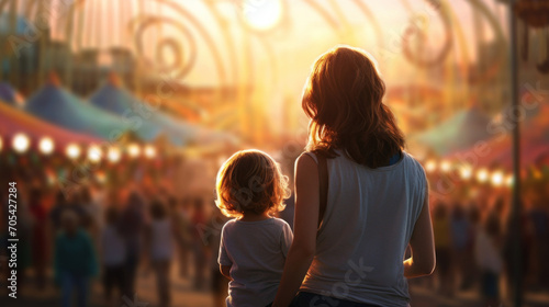 A mother and her child experiencing the magical moment of a sunset amidst the festive atmosphere of a carnival.