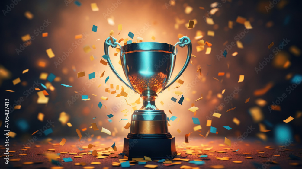 Glowing trophy cup celebrating victory with a burst of colorful confetti, depicting success and celebration. Glowing trophy cup celebrating victory with a burst of colorful confetti, depicting success and celebration.