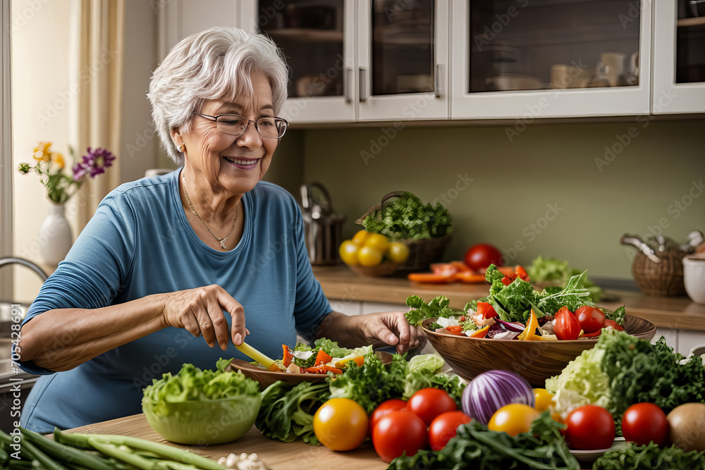 senior woman with a indulging in a colorful and fresh vegetable salad in the comfort of her own home