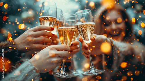 Grupo diversificado de profissionais de negócios erguendo taças de champanhe em um brinde, com sorrisos e confetes ao redor photo