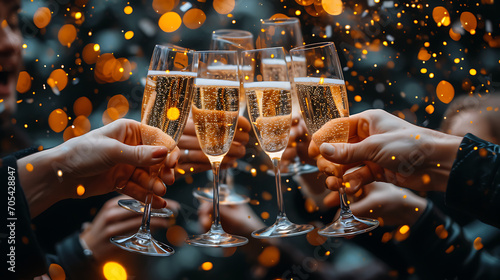 Grupo diversificado de profissionais de negócios erguendo taças de champanhe em um brinde, com sorrisos e confetes ao redor