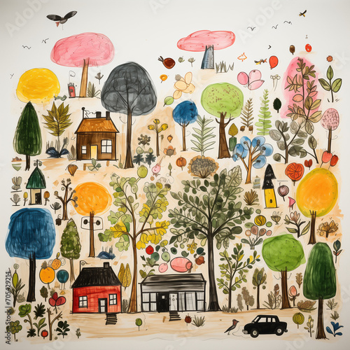 Kids drawing of a colorful fruit orchard with trees by Generative AI