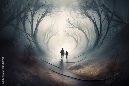 States of mind, love and friendship, fantasy concept. Two people silhouettes walking on path in surreal world landscape background with copy space © Rytis