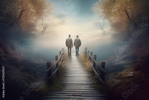States of mind, love and friendship, fantasy concept. Two people silhouettes walking on path in surreal world landscape background with copy space