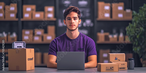 Jovem empreendedor gerenciando um negócio de e-commerce, cercado por pacotes, um laptop e suprimentos de envio photo