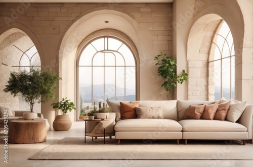 Farmhouse, Bohemian interior home design of modern living room with beige sofa with pillows and arched window with stone cement wall