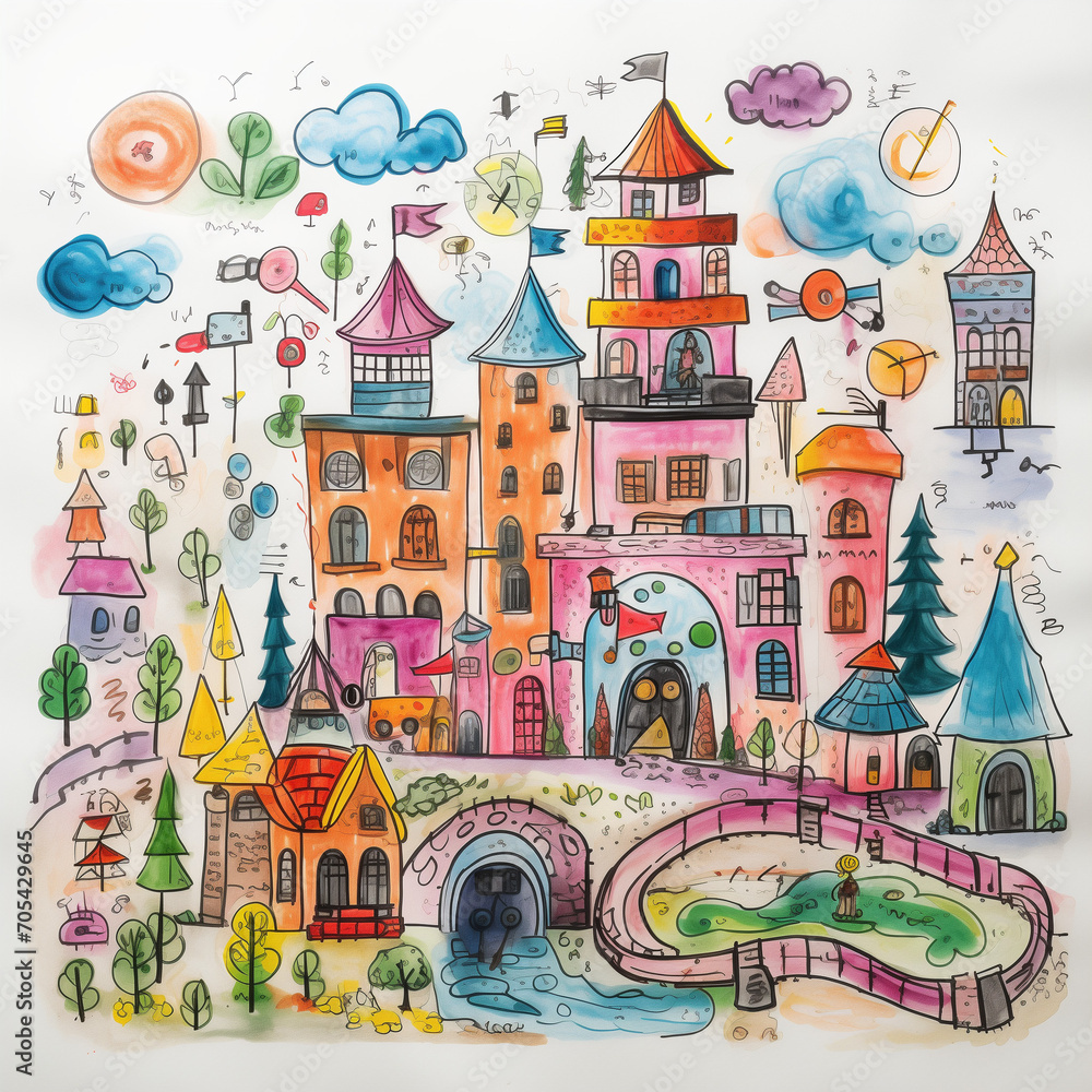 Kids drawing of an enchanted princess castle with gardens by Generative AI