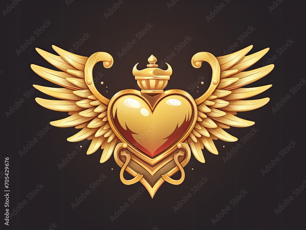 Golden Heart with Wings and Crown Majestic Flat Style Illustration Golden Heart with Wings and Crown Majestic Flat Style Illustration