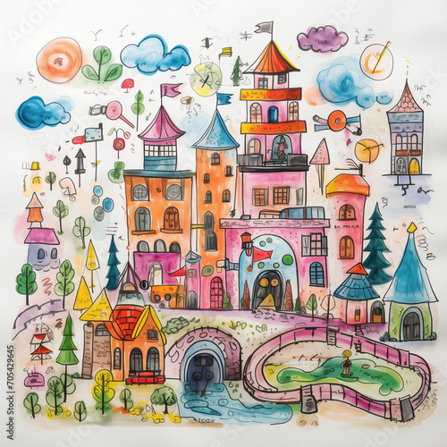 Kids drawing of an enchanted princess castle with gardens by Generative AI