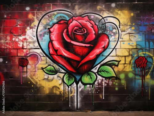 Romantic Street Art Red Rose and Heart Graffiti on Wall