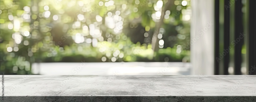 Rustic elegance in nature. Empty stone table in beautiful garden providing stunning background for design and display perfect for summer relaxation