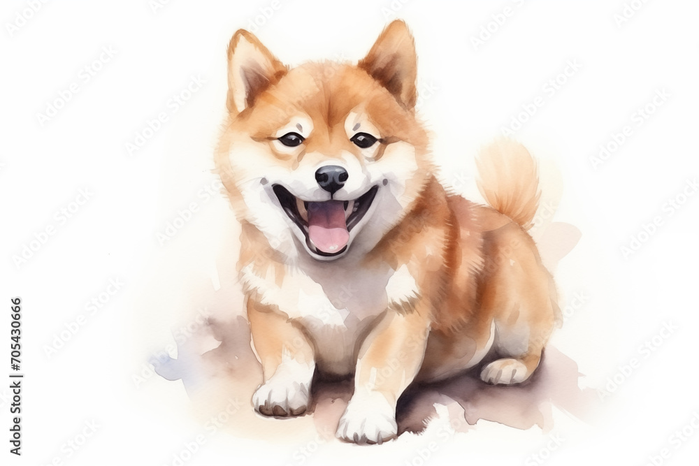 Cute little Shiba Inu dog with a wide open mouthed smile and bright. Watercolor