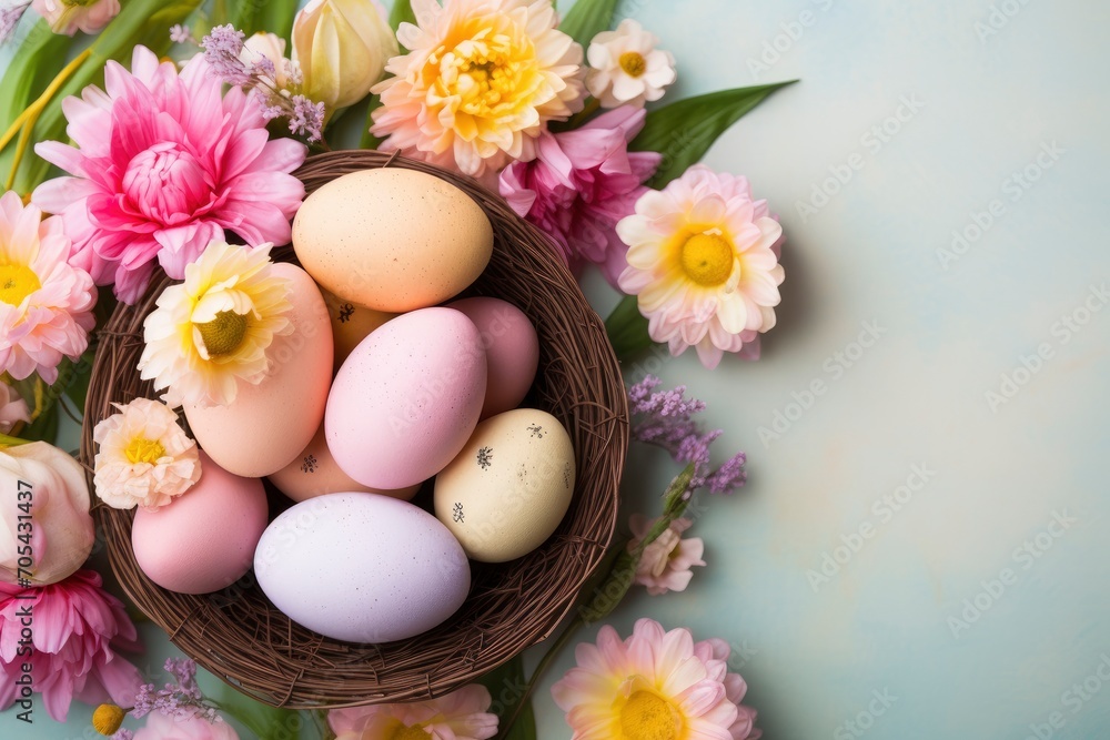 copy space background flat lay with pastel-colored Easter eggs, a basket filled with candy, fresh flowers, bunny figurines, and a light - generative ai copy space background flat lay with pastel-colored Easter eggs, a basket filled with candy, fresh flowers, bunny figurines, and a light - generative ai
