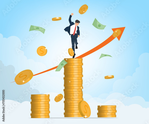 Young businessman stands and jumps on a gold coin, delighted with the success of his business goal reaching his goal, vector illustration, business concept, finance, investment.