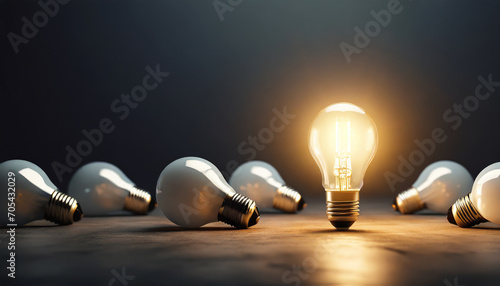 Bright lightbulb amidst dark, symbolizing innovation & creativity in a barren space, with room for imagination photo