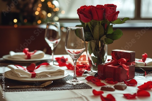 Elegant Romantic Table with Red Roses and Festive Decorations. Generative AI.